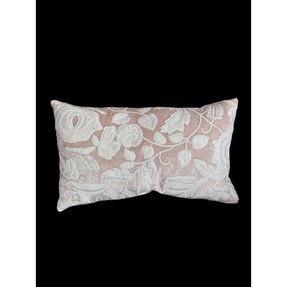 Callisto Home 14x24 Cream Floral Velvet Decorative Lumbar Pillow Feather Fill
